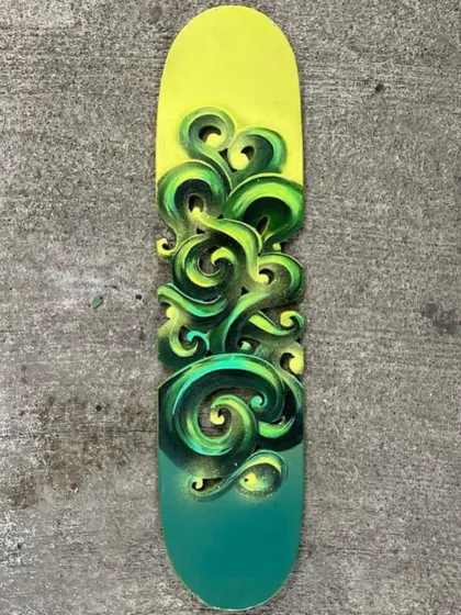 This is what I call 'DKRYPT DA BOARD'. I take old skate decks and give them a new life with my Masala Style, carving and painting 3D Hindi letters. Each one is a unique, hand-made piece of art.