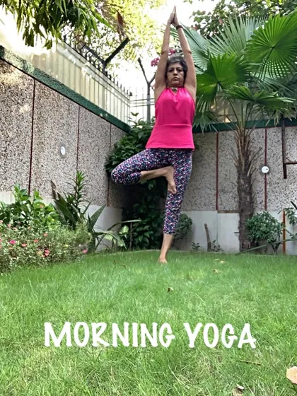Morning yoga in the garden with Tree Pose. It's a perfect way to start the day with balance and focus.