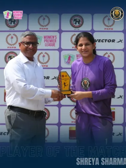 Our goalkeeper, Shreya Sharma, receiving her well-deserved 'Player of the Match' award after a stellar performance where she kept a clean sheet.