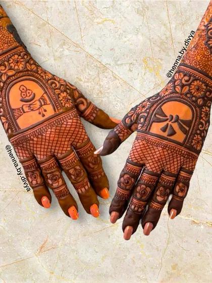 A bridal back-hand design featuring traditional wedding symbols like the kalash and shehnai, set within ornate frames.