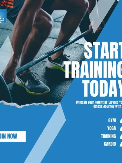 Unleash your potential with us. This graphic outlines the variety of training we offer, including gym, yoga, personal training, and cardio, inviting you to start today.