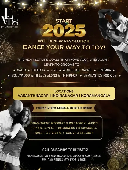 We offer a dance style for everyone in the family. This graphic highlights our wide range of courses, from kids' hip-hop and gymnastics to adult classes in Salsa, Bachata, and Bollywood, with options for all skill levels.