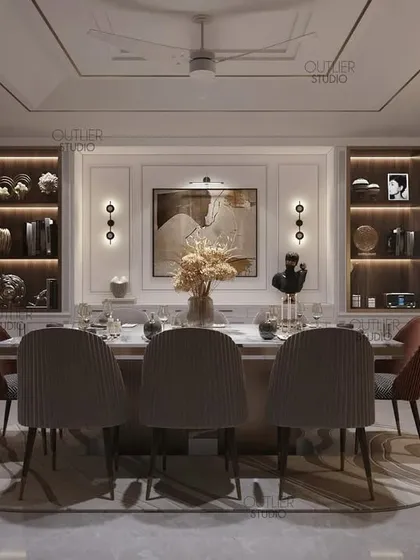 Cherish the flavors of life. This dining room features backlit display shelves and a statement floor lamp, creating an intimate and sophisticated ambiance for dining.