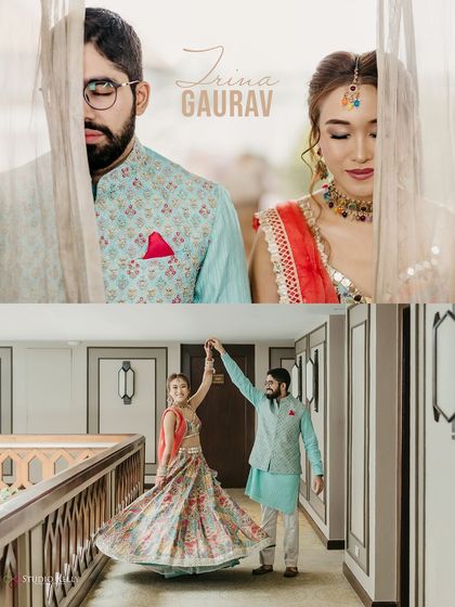 A creative collage of the couple, one shot through a sheer curtain and another showing them dancing in a hallway, adding an artistic touch.