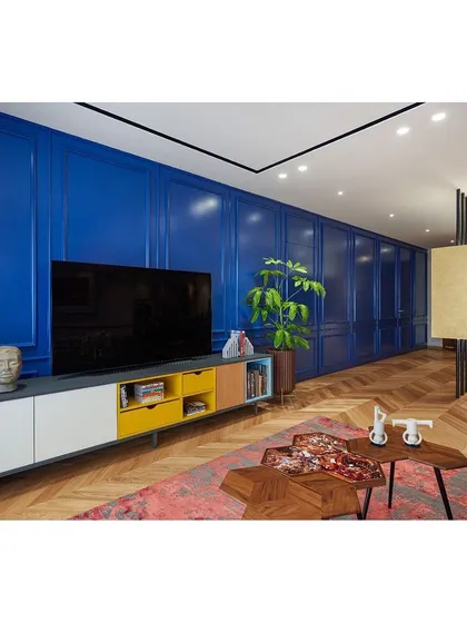 Color can tell a story. For this Bengaluru apartment, a captivating Parisian blue paneled wall becomes the centerpiece, camouflaging doors and creating a sense of intrigue and personality, showcasing our ability to craft eclectic and vibrant interiors.