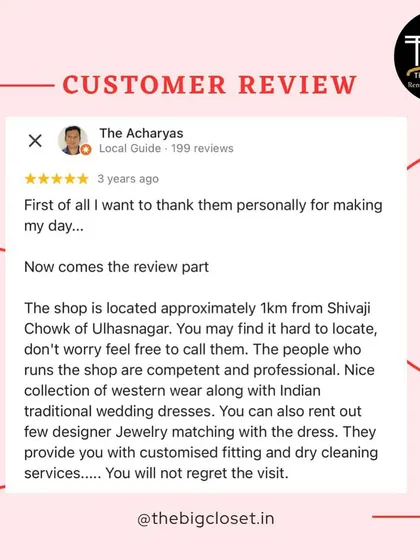 This review highlights everything I aim for: a great collection of both Indian and Western wear, customization, and professional service. It's so important to me that you have a great experience.