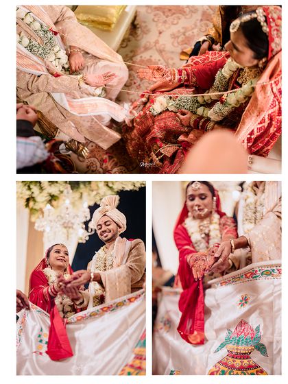 A collage of important rituals from the Gujarati wedding ceremony, capturing the traditions that make their union sacred.