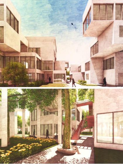 Another view of the Ayodhya social housing concept, showing how the modular units are clustered to create varied streetscapes and intimate green spaces, fostering a sense of neighborhood.