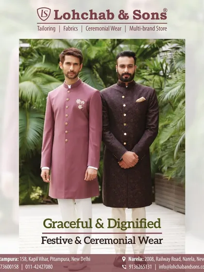 Graceful and dignified, our festive collection is designed for timeless appeal. Here we feature two distinct styles: a mauve bandhgala with a subtle chest brooch and a dark brown, intricately patterned bandhgala, both paired with classic white trousers.
