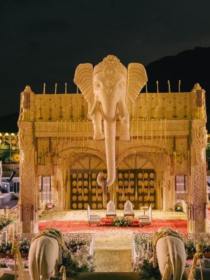 Built by faith and blessed by rain. This 30-foot tall mandap, a tribute to Ganeshji, was a miracle of design and perseverance, blending North and South Indian elements to create a truly divine space.