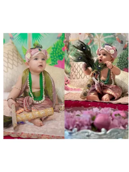 A beautiful baby girl dressed in a custom ethnic outfit for a Janmashtami celebration. The soft colors and traditional jewelry complete this divine look.