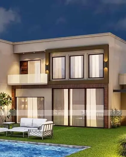 This is a 3D visualization for the Orian Farmhouse project in Manesar. The design focuses on creating a seamless connection between indoor living spaces and the outdoor pool and lawn area, perfect for a luxury retreat.