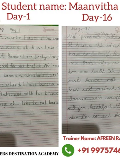 The proof is in the progress! Here is another amazing handwriting transformation from Day 1 to Day 16, guided by our expert trainer in Pune. We focus on consistent, gentle guidance to help students like Maanvitha achieve beautiful and confident handwriting.