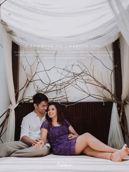 The same relaxed pose, with a beautiful promise-to-cherish quote overlay.