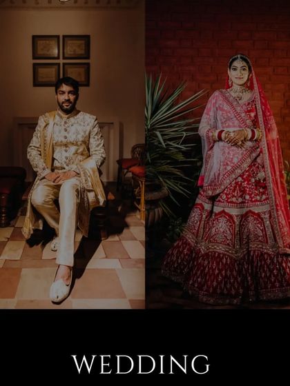 A "then and now" style portrait, showing the groom in his wedding attire and the bride in hers, ready for their big day.
