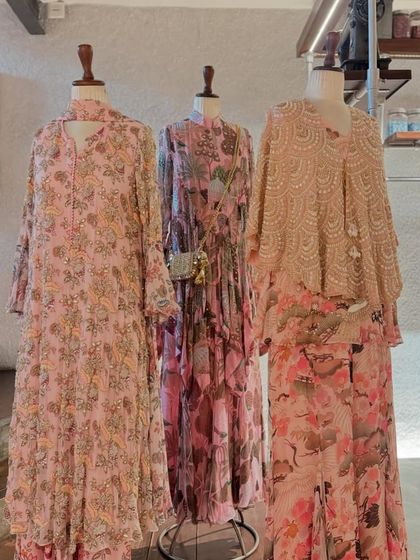 A full view of the pink collection, from paisley prints to heavy beadwork, offering a style for every taste.