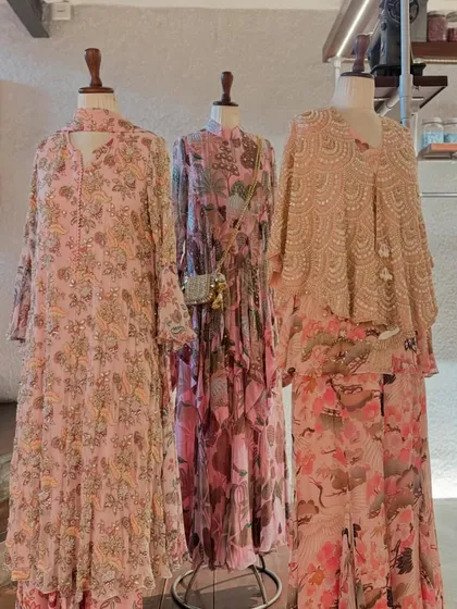 A full view of the pink collection, from paisley prints to heavy beadwork, offering a style for every taste.