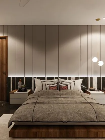 A bedroom concept with shades of grey, featuring a low-profile platform bed and a grooved wall panel with integrated lighting for a sleek, modern aesthetic.