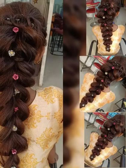 A demonstration of a thick, pull-through braid, perfect for party or engagement hairstyles. Our students learn to add volume and decorate their creations with delicate floral and jewel hairpins.