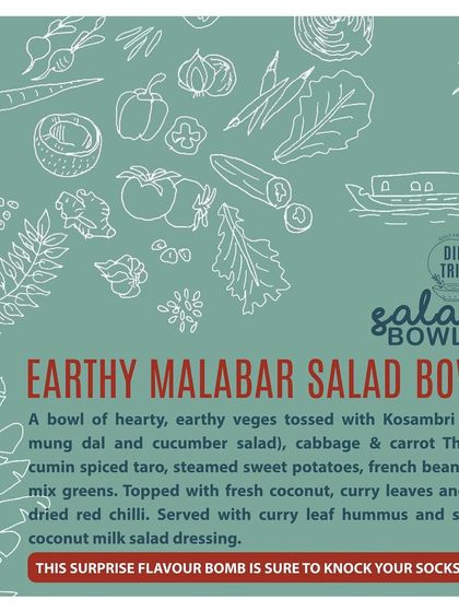 Here's what goes into our Earthy Malabar Salad Bowl. It's a hearty mix of split mung dal salad (Kosambri), cabbage and carrot thoran, and steamed vegetables, topped with fresh coconut and sun-dried chili.