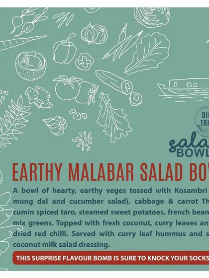 Here's what goes into our Earthy Malabar Salad Bowl. It's a hearty mix of split mung dal salad (Kosambri), cabbage and carrot thoran, and steamed vegetables, topped with fresh coconut and sun-dried chili.