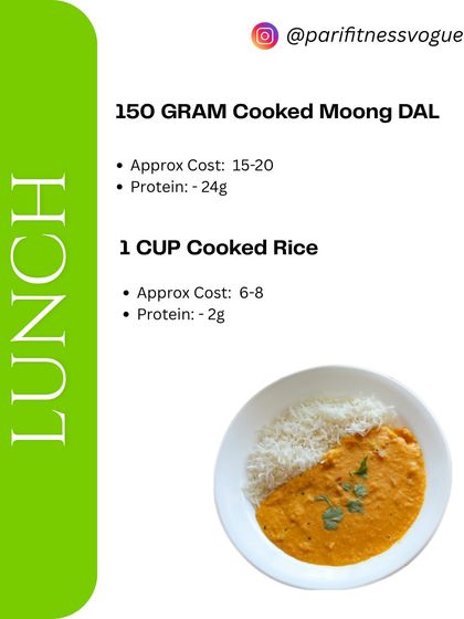 A typical lunch in my affordable protein plan: 150g of cooked moong dal with a cup of rice. This simple meal provides a substantial 26g of protein to support your fitness goals.