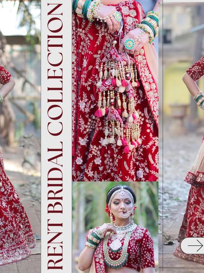 Hunting for an outfit? This collage shows off a beautiful red bridal lehenga from our rental collection, highlighting the intricate details and accessories.