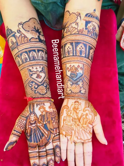 This full bridal set tells a story across both arms. The palms feature portraits of the couple, while the arms show scenes with family and traditional architecture.