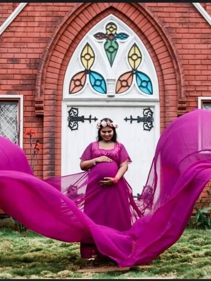 Another shot of the magenta flying gown, showing how the long fabric trails can be styled to create different shapes and movements in your photos.
