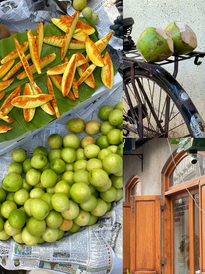 A composition of green and brown, featuring sliced raw mango, jujubes, and coconuts on a bicycle.