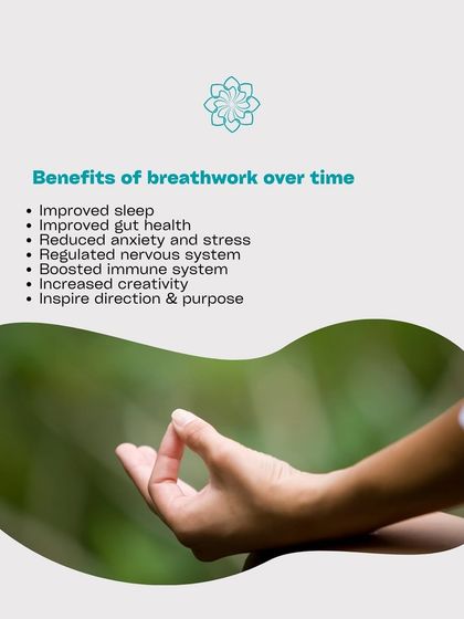 This graphic outlines the many benefits of breathwork, a practice we feature in our workshops to help regulate the nervous system and release stress.