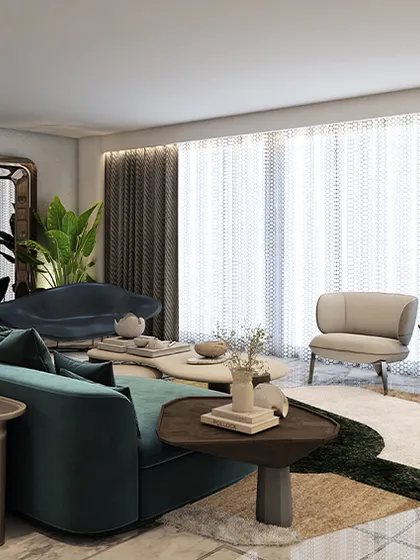 In this Mumbai residence, we designed a space that nurtures sophisticated minimalism. The light, airy, and predominantly neutral shell sets the stage for a symphony of textures and curated pieces, like the deep teal sofa, handpicked to add depth and individuality.