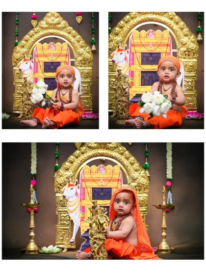 Three portraits from the Raghavendra Swamy themed session. The images show the baby interacting with the props, including a miniature Krishna statue, adding a layer of spiritual significance.