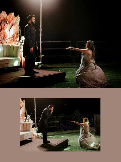 A collage of the bride's surprise performance for the groom, capturing his emotional and joyful reaction.