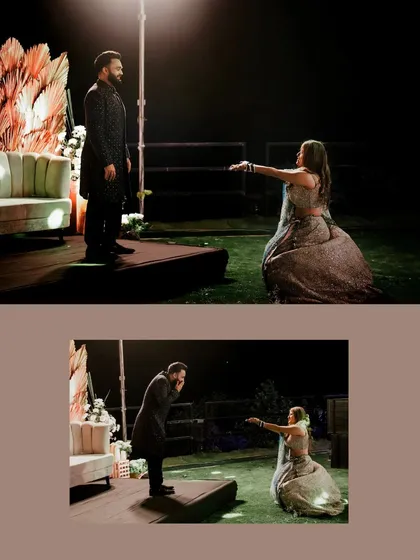 A collage capturing a heartfelt and emotional performance during the engagement ceremony, showcasing the deep love between the couple.
