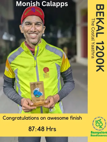 A remarkable achievement of resilience. Monish completed the Bekal 1200K, a 1200km ride with 12,800 meters of elevation, as a solo, self-supported rider in 87 hours. His determination is truly inspiring.