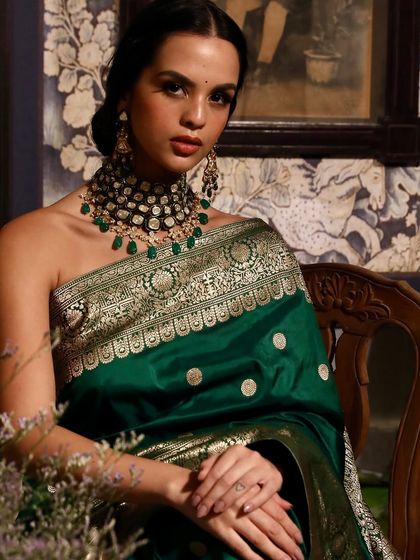 A classic portrait from the Soho Begum shoot, focusing on the model's elegant expression and the rich details of her attire.