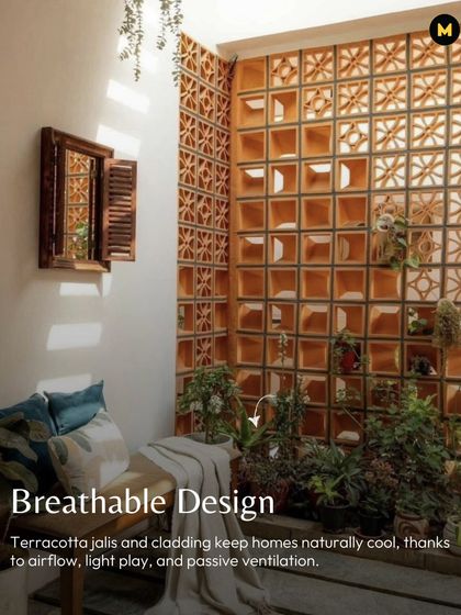 Terracotta is great for breathable design. Terracotta jaalis and cladding help keep homes naturally cool through airflow, light play, and passive ventilation.