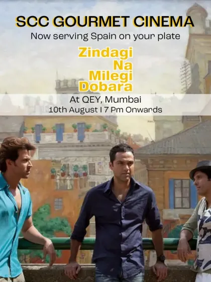 "Now serving Spain on your plate." This poster for our ZNMD screening at Qey, Mumbai, directly communicates our unique offering, promising an immersive night for fans of the film and food lovers alike.