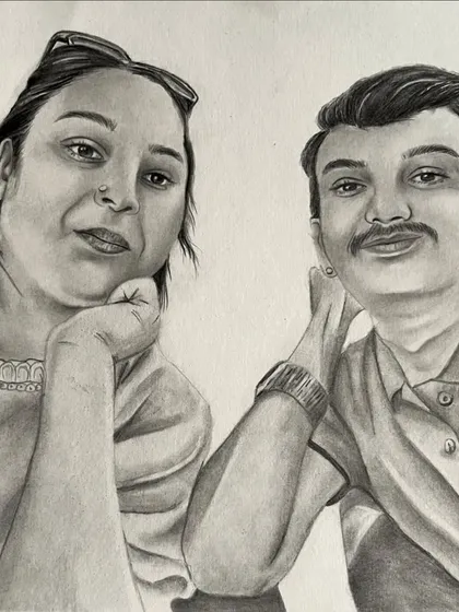 A relaxed, selfie-style couple portrait drawn on A4 ivory paper. This type of sketch is great for capturing everyday moments and turning them into something special.