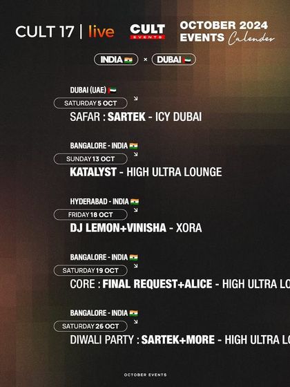 The October 2024 events calendar, spanning Dubai, Bangalore, and Hyderabad. This demonstrates my operational capacity across multiple cities and countries, building credibility as a major event producer.