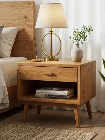 A Japandi bedroom should feel like a quiet balance of comfort and simplicity. This concept shows a close-up of a natural wood nightstand, embodying that philosophy.