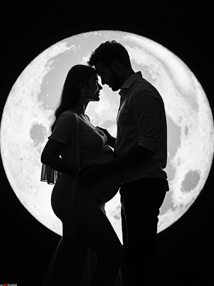 An intimate black and white silhouette of a couple in front of the moon. This type of low-key lighting creates a very emotional and artistic maternity photograph.