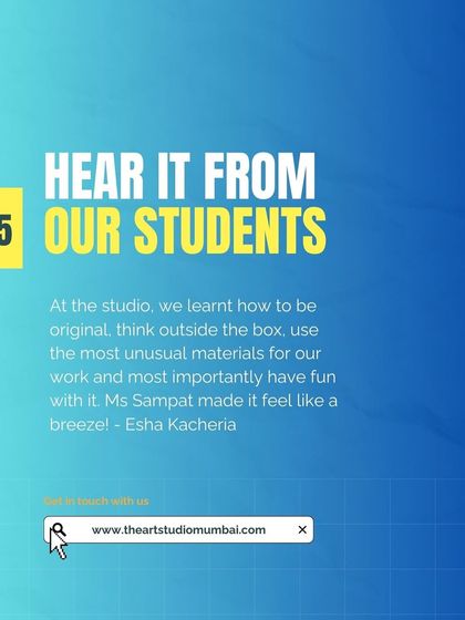 Hear it directly from our students. Esha shares how she learned to be original, think outside the box, and use unusual materials in our studio, all while having fun. Her testimonial speaks to the supportive and inspiring environment we create.