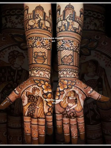 A full-hand bridal design that tells a story through different scenes. The palms feature portraits of the bride and groom, while the arms depict palace architecture, elephants, and other traditional wedding symbols.