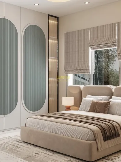A 3D render of a kids' bedroom with a unique wavy fluted wall panel. The wardrobe doors feature a large, curved color block design in a soft sage green, adding a playful and modern touch.