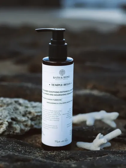 Our Temple Bells Body Wash is crafted to echo the serene essence of an Indian temple. It features gentle coconut-based cleansers and a floral blend of Tuberose, Neroli, and Patchouli.