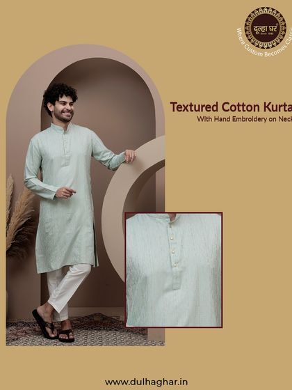 A similar graphic for a textured cotton kurta in mint green, again highlighting the fine details and comfortable fabric.