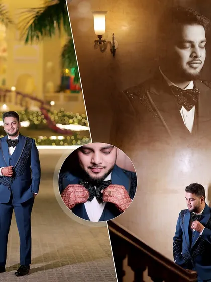 A collage of the groom in his blue suit, looking sharp and ready for his engagement ceremony.