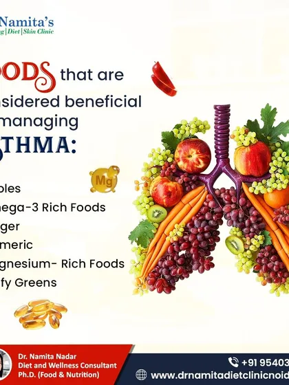 Certain foods can be beneficial for managing asthma. This infographic shows how apples, ginger, turmeric, and omega-3 rich foods can support respiratory health.